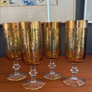 Bohemian Vintage Amber and Gold Etched Goblets set x4
